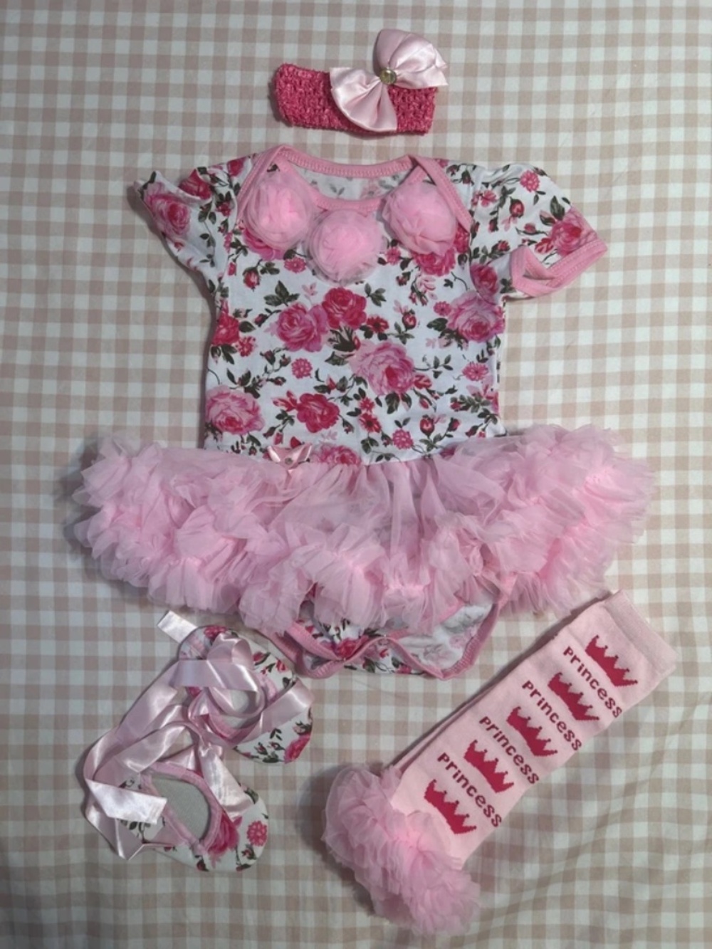 5pcs Floral Tutu Bodysuit Outfit Leg Warmers Shoes Headband Bow New Set Sz. 3-6M
